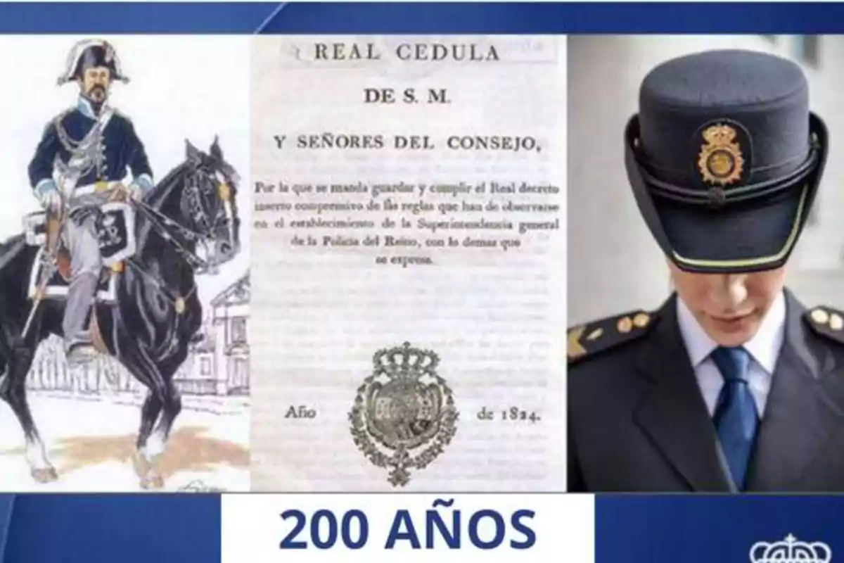 Ilustración de un policía montado a caballo, un documento histórico y un oficial de policía moderno con el texto "200 AÑOS" en la parte inferior.