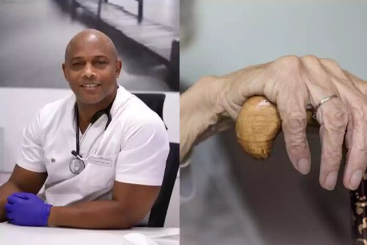 Un médico sonriente con guantes y estetoscopio junto a una mano anciana sosteniendo un bastón.