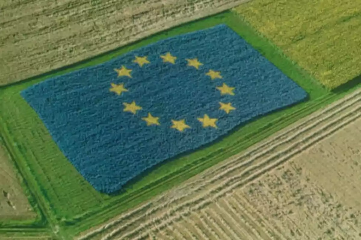 Campo agrícola con diseño de la bandera de la Unión Europea formado por cultivos.