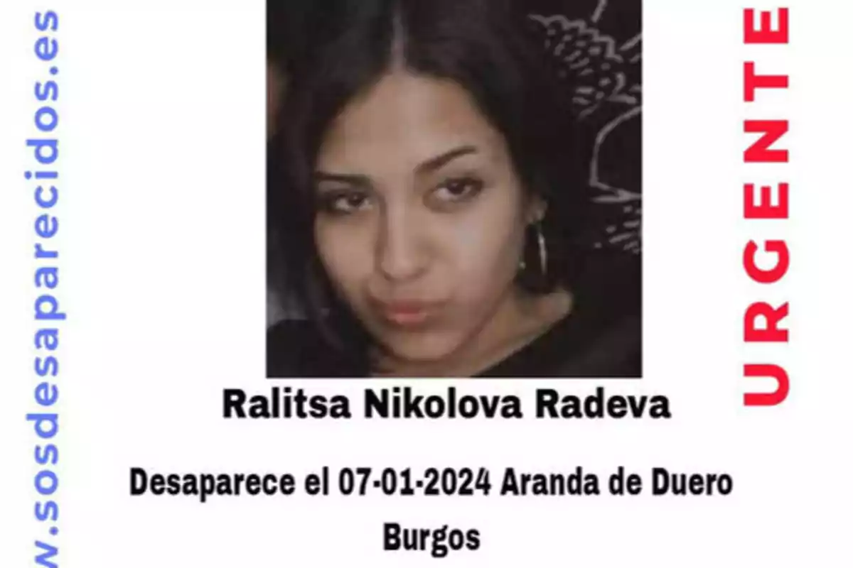 Imagen de una mujer con el texto "Ralitsa Nikolova Radeva, Desaparece el 07-01-2024 Aranda de Duero, Burgos" y las palabras "URGENTE" y "sosdesaparecidos.es".