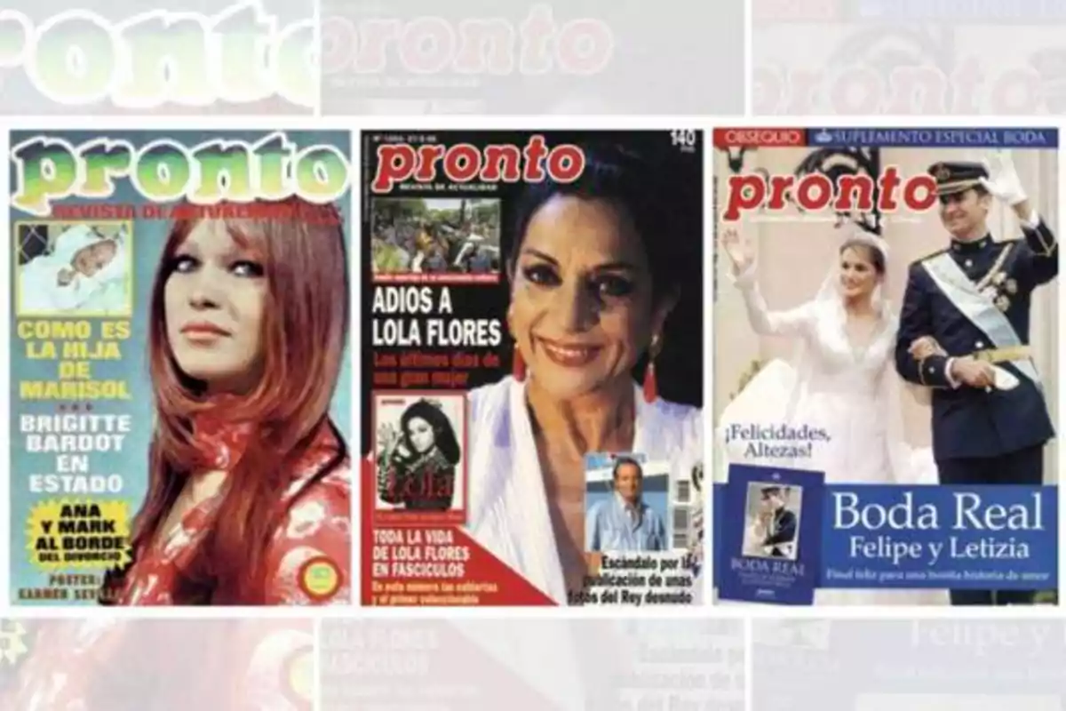 Tres portadas de la revista "Pronto" con diferentes temas: una con Brigitte Bardot, otra con un homenaje a Lola Flores y la última sobre la boda real de Felipe y Letizia.