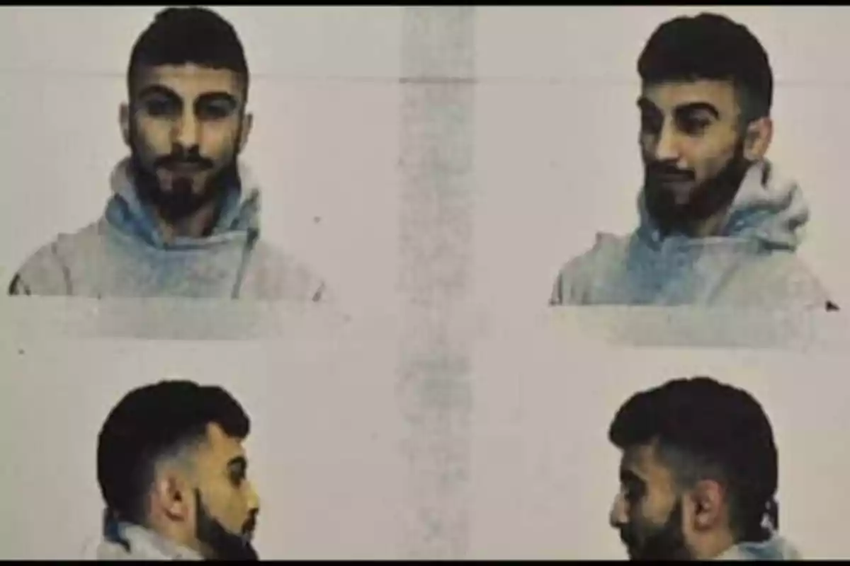 Cuatro fotos de un hombre con barba y cabello corto, usando una sudadera con capucha, tomadas desde diferentes ángulos: frontal, perfil izquierdo, perfil derecho y tres cuartos.