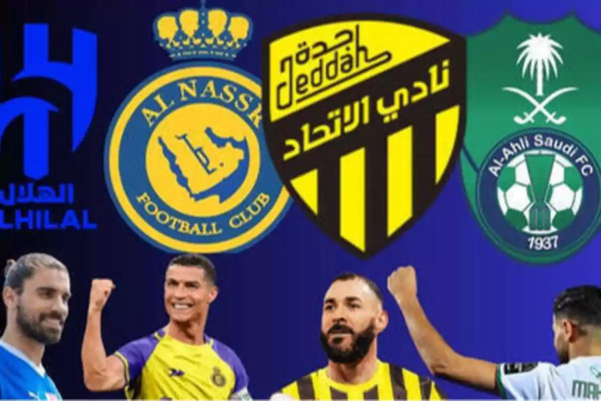 Logotipos de los clubes de fútbol Al Hilal, Al Nassr, Al Ittihad y Al Ahli Saudi FC, con imágenes de jugadores celebrando.