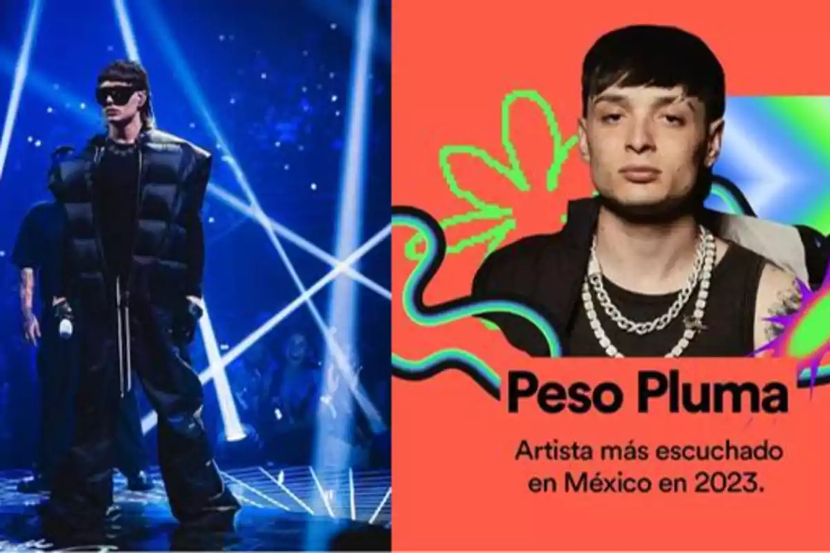 Un artista con gafas de sol actuando en un escenario iluminado a la izquierda y un cartel promocional de Peso Pluma como el artista más escuchado en México en 2023 a la derecha.