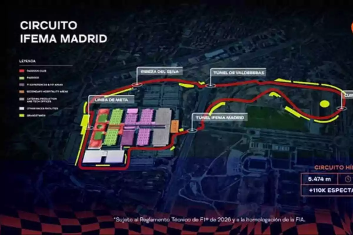 Mapa del Circuito IFEMA Madrid con detalles de la pista y áreas designadas, incluyendo la línea de meta, túneles y zonas de hospitalidad.