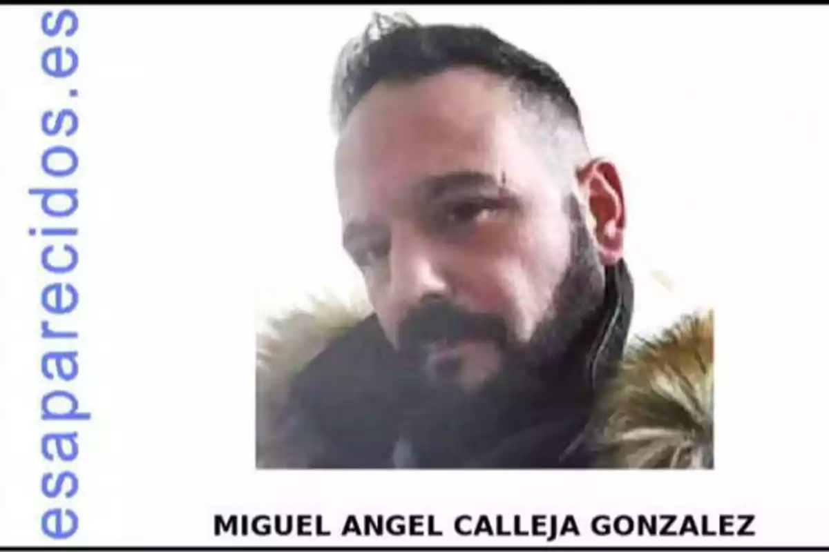 Imagen de un hombre con barba y cabello corto, con un abrigo de piel, junto al texto "desaparecidos.es" y el nombre "Miguel Angel Calleja Gonzalez".