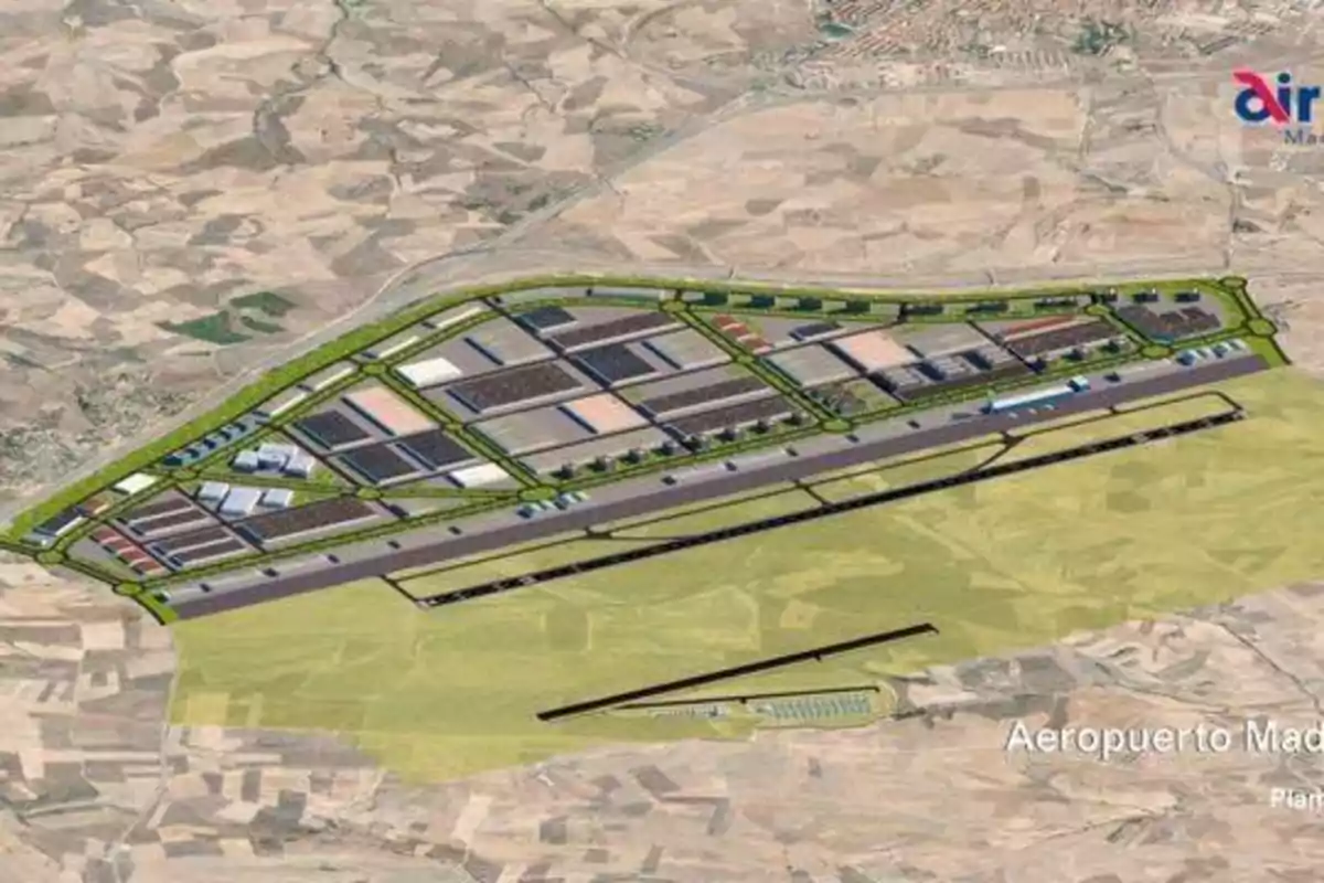 Plano del Aeropuerto de Madrid con áreas de desarrollo industrial y logístico.