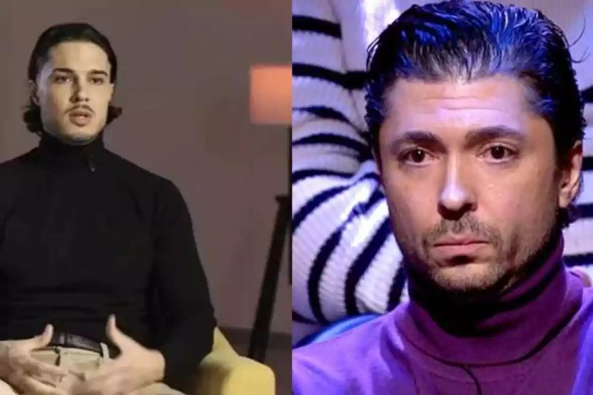 Dos hombres con suéteres de cuello alto, uno en un entorno de entrevista y el otro en un programa de televisión.