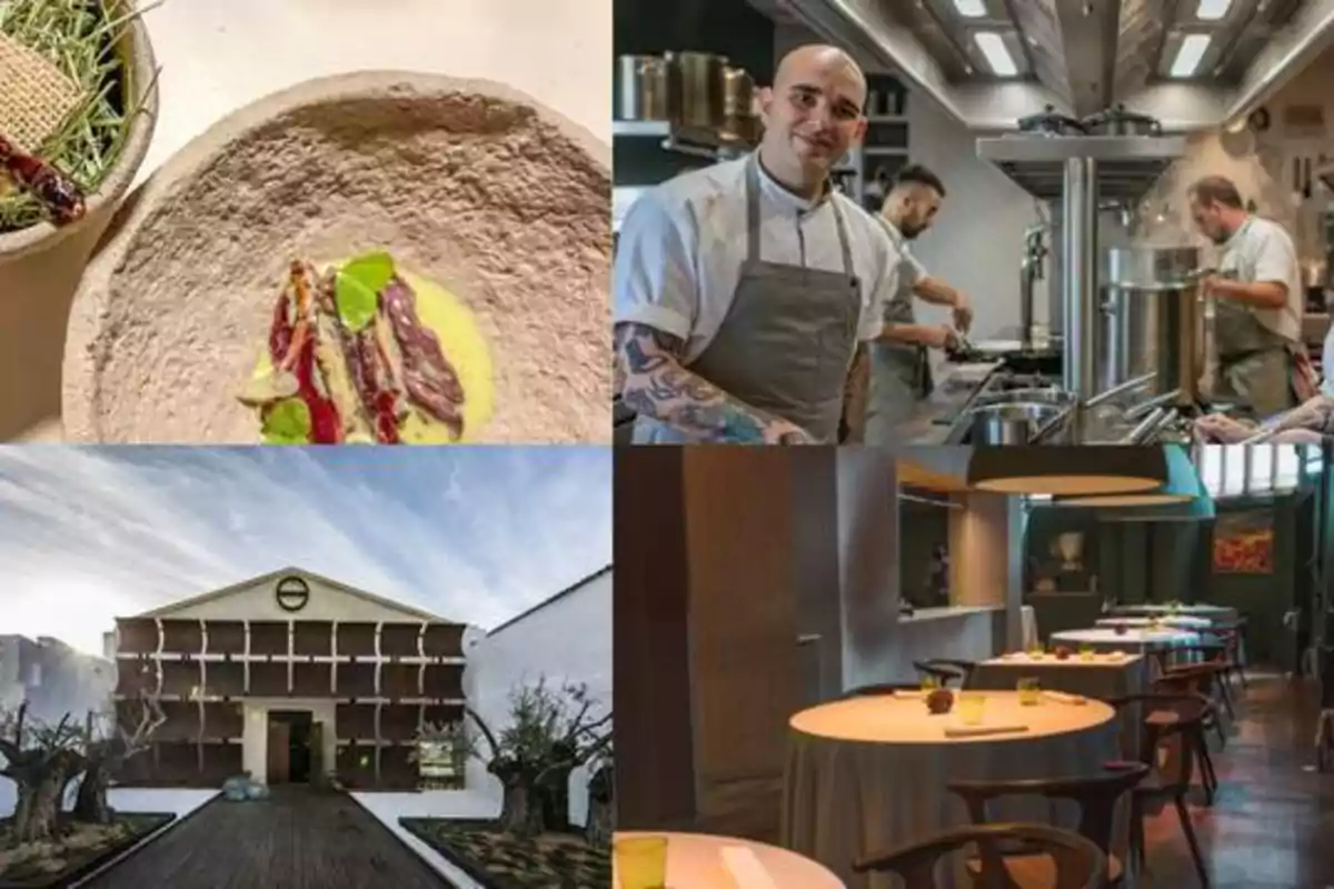 Collage de imágenes que muestra un plato de comida, un chef en una cocina, la fachada de un edificio y un comedor elegante.