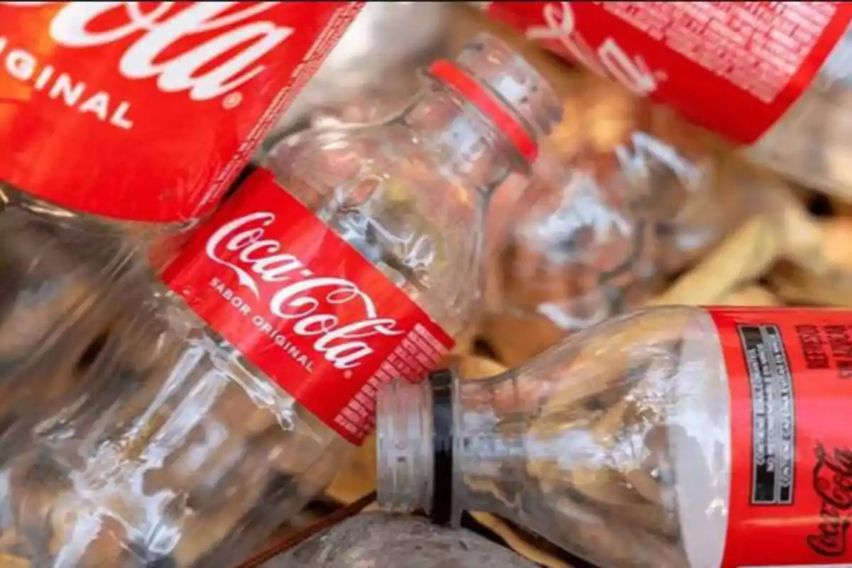Botellas de plástico vacías de Coca-Cola con etiquetas rojas y blancas, amontonadas entre sí.