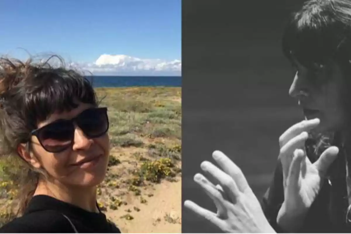 Una mujer con gafas de sol en un paisaje costero junto a una imagen en blanco y negro de la misma mujer gesticulando con las manos.