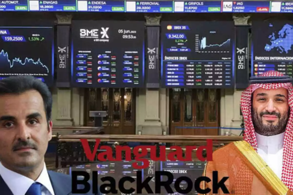 Imagen de una bolsa de valores con dos personas en primer plano y los logotipos de Vanguard y BlackRock.