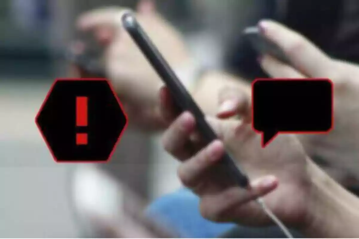 Personas usando teléfonos móviles con íconos de advertencia y mensaje.