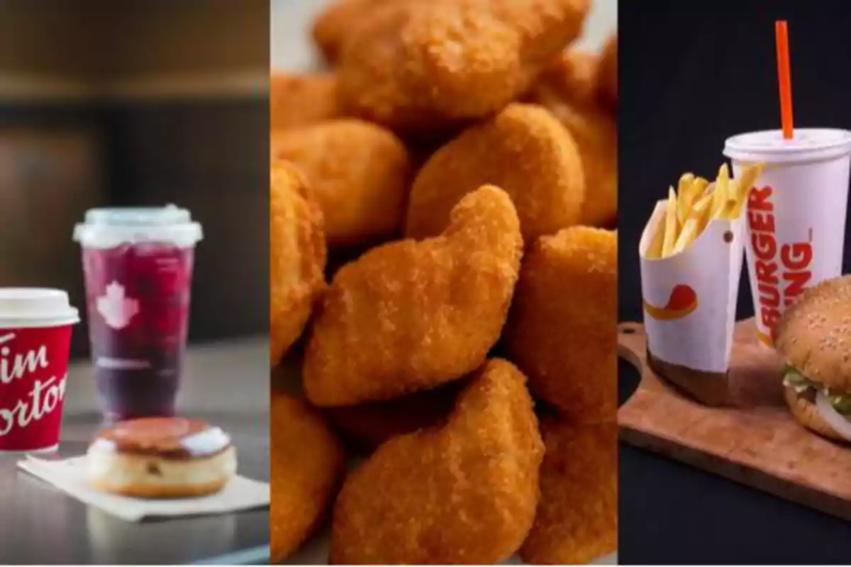 Bebidas y donas de Tim Hortons, nuggets de pollo y una comida de Burger King con papas fritas y una hamburguesa.
