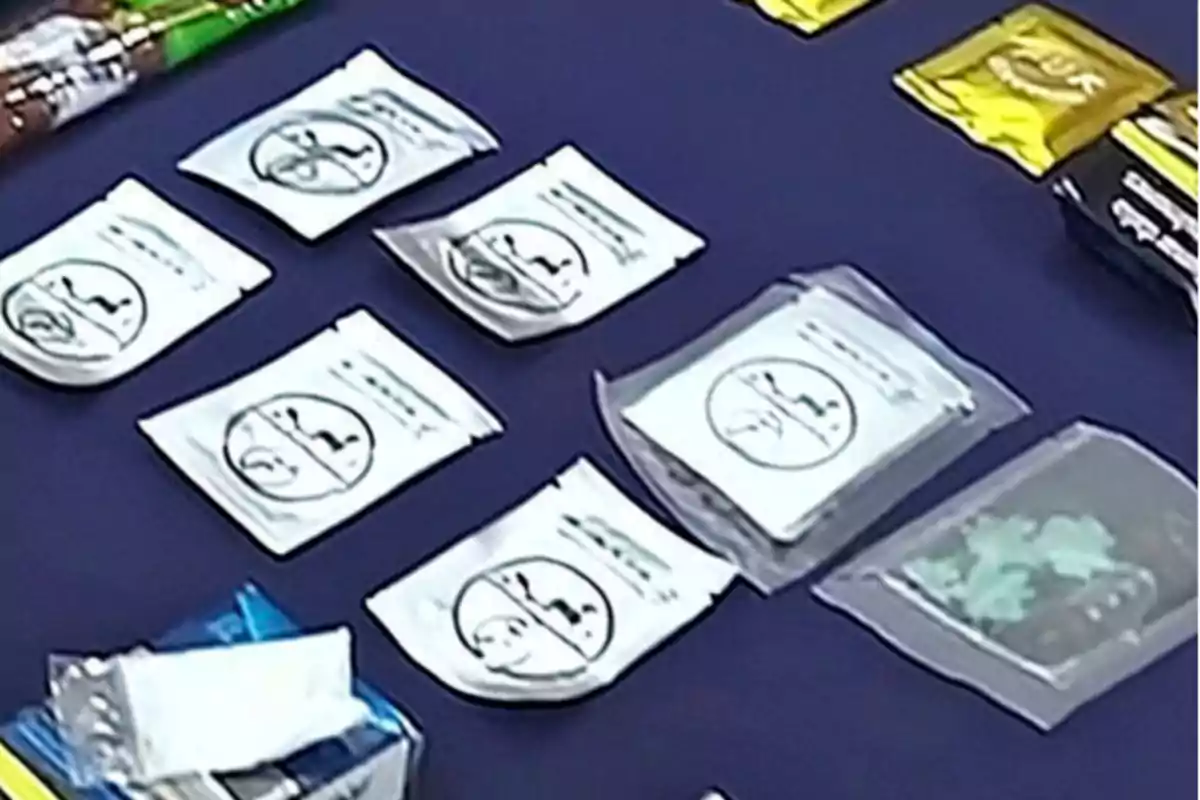 En la imagen se observan varias bolsas pequeñas de plástico con etiquetas y algunos otros paquetes, todos dispuestos sobre una superficie azul.