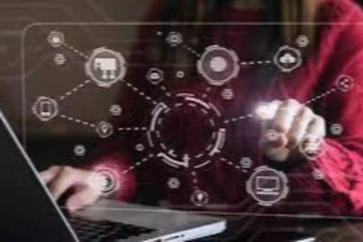 Persona interactuando con una pantalla táctil con iconos tecnológicos y gráficos de red.