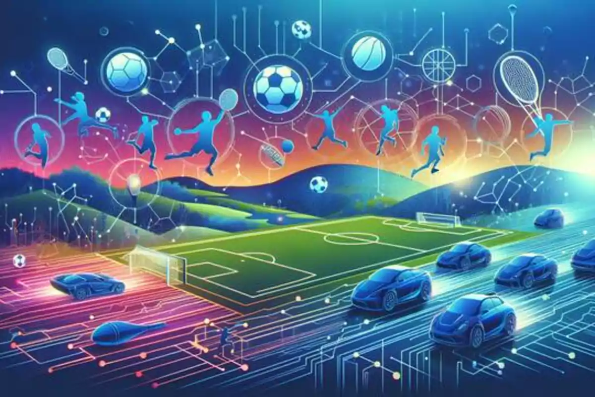 Ilustración digital de un campo de fútbol con coches futuristas y figuras deportivas en el cielo, representando diferentes deportes como fútbol, baloncesto y tenis, con un fondo de colinas y un cielo colorido.