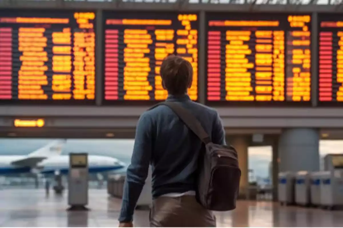 Persona con mochila mirando una pantalla de información de vuelos en un aeropuerto.