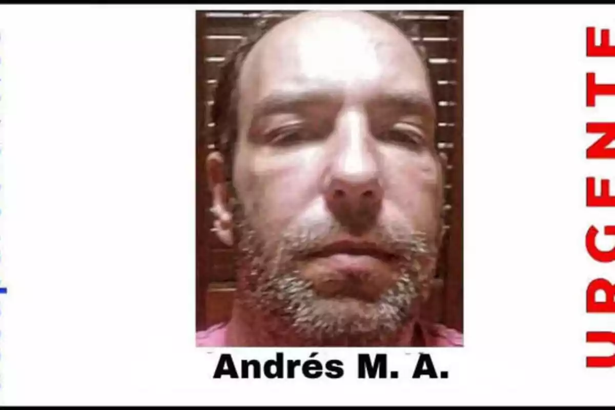 Fotografía de un hombre con barba y cabello corto, con el texto "Andrés M. A." y la palabra "URGENTE" en rojo a la derecha.