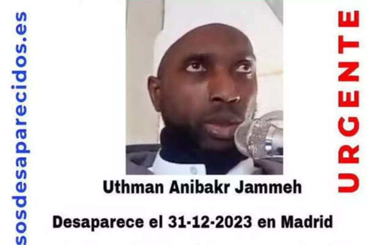 Imagen de un cartel de búsqueda urgente de Uthman Anibakr Jammeh, desaparecido el 31-12-2023 en Madrid, con el texto "sosdesaparecidos.es" en el lado izquierdo y "URGENTE" en el lado derecho.