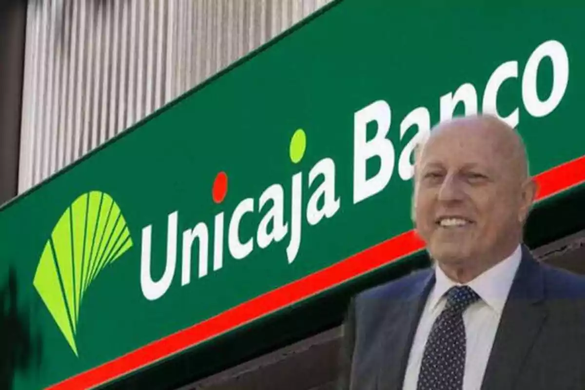 Hombre sonriendo frente a un cartel de Unicaja Banco.
