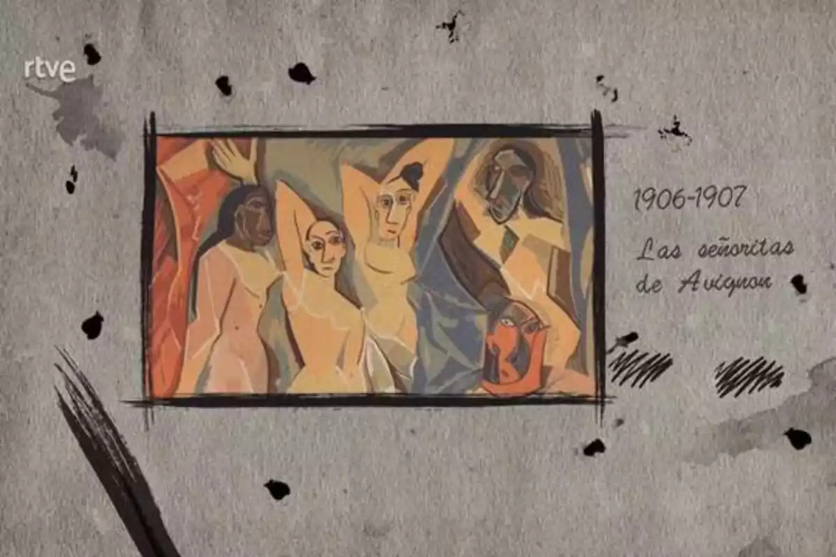 Una pintura de estilo cubista que muestra a cinco mujeres desnudas, con el texto "1906-1907 Las señoritas de Avignon" en el lado derecho y el logotipo de RTVE en la esquina superior izquierda.
