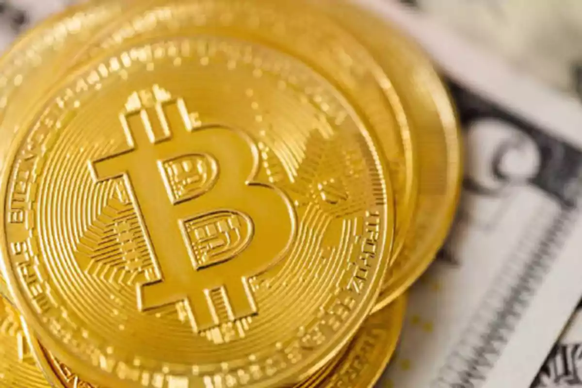 Monedas de Bitcoin doradas sobre billetes de dólar.