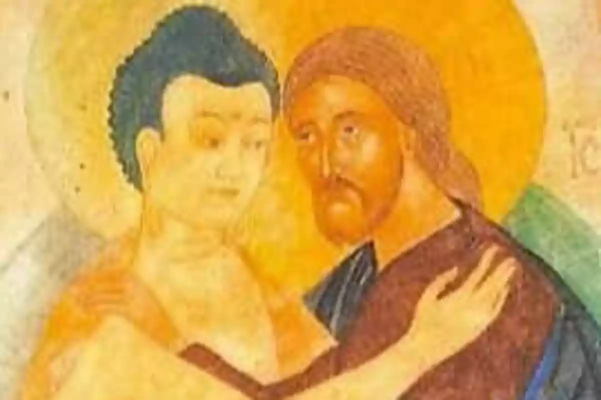 Pintura que muestra a dos figuras religiosas abrazándose, una con cabello oscuro y la otra con cabello castaño y barba.