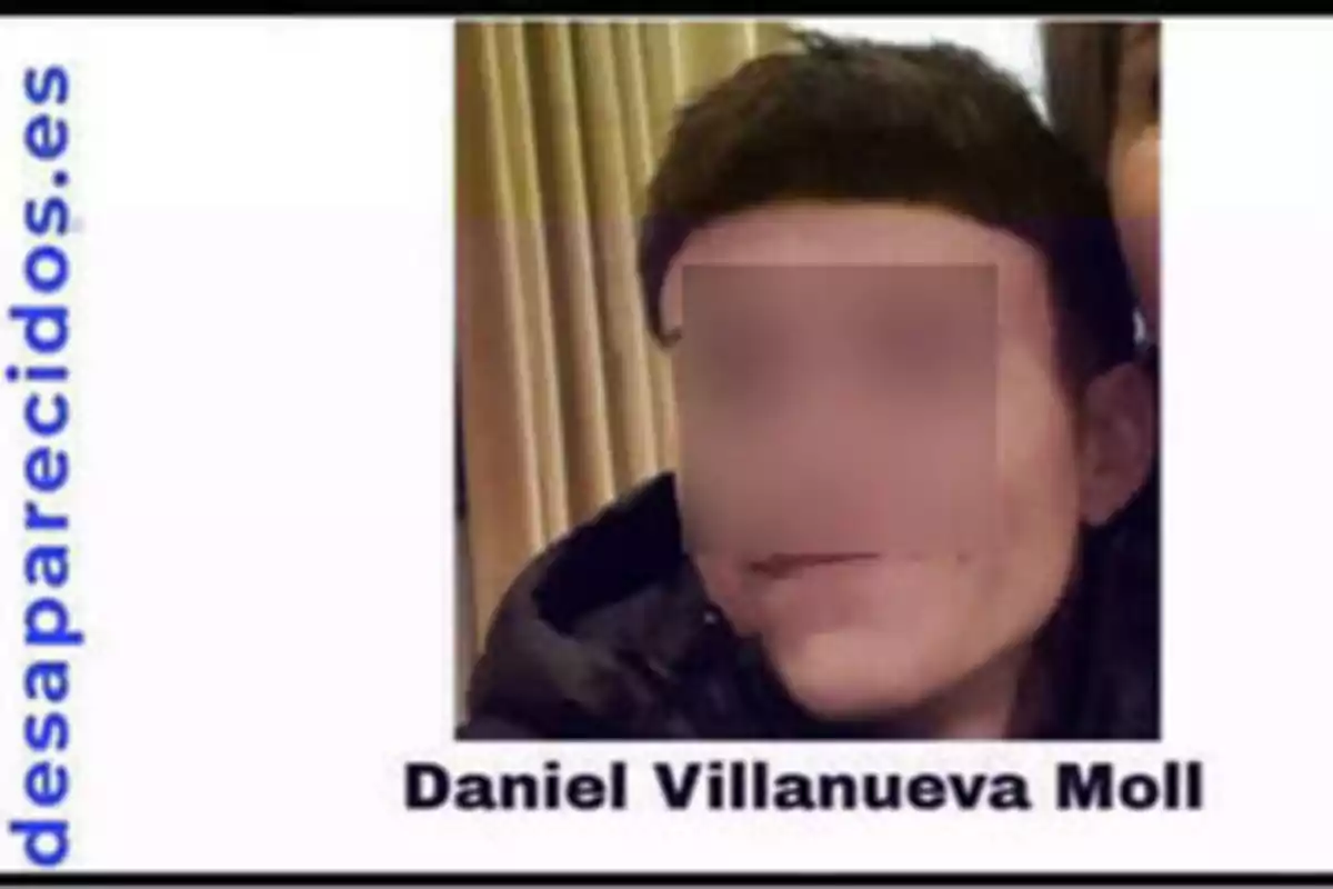 Imagen de una persona con el rostro difuminado y el texto "desaparecidos.es" en el lado izquierdo y "Daniel Villanueva Moll" en la parte inferior.