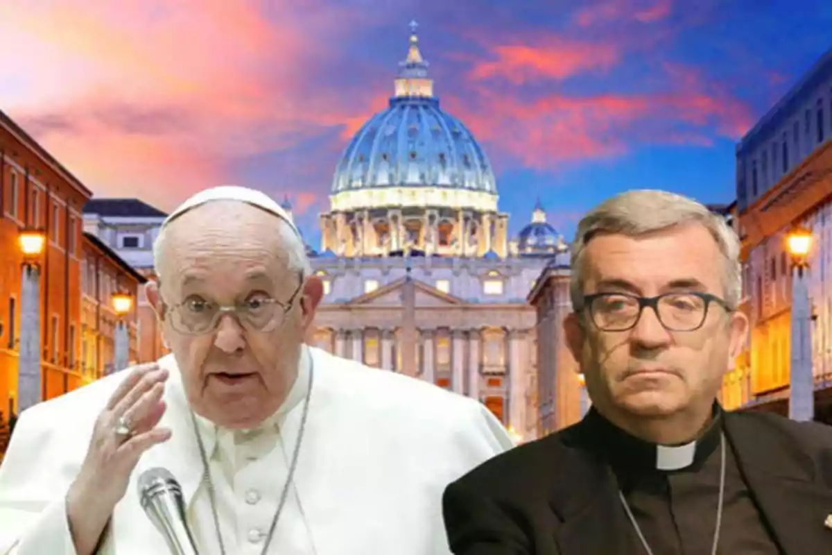 Dos clérigos católicos con la Basílica de San Pedro en el Vaticano al fondo durante el atardecer.