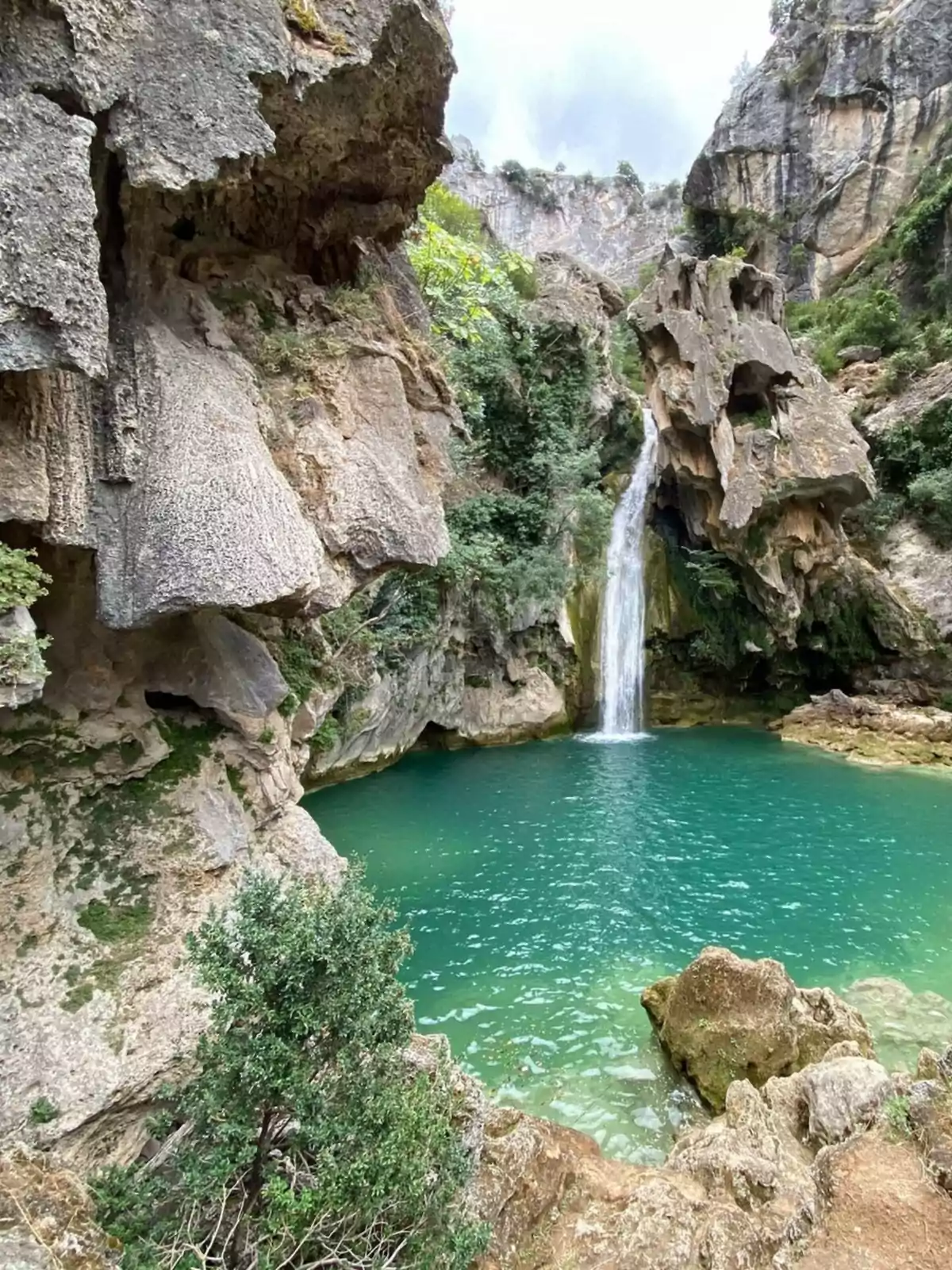 Una cascada cae en una piscina natural de agua turquesa rodeada de formaciones rocosas y vegetación.