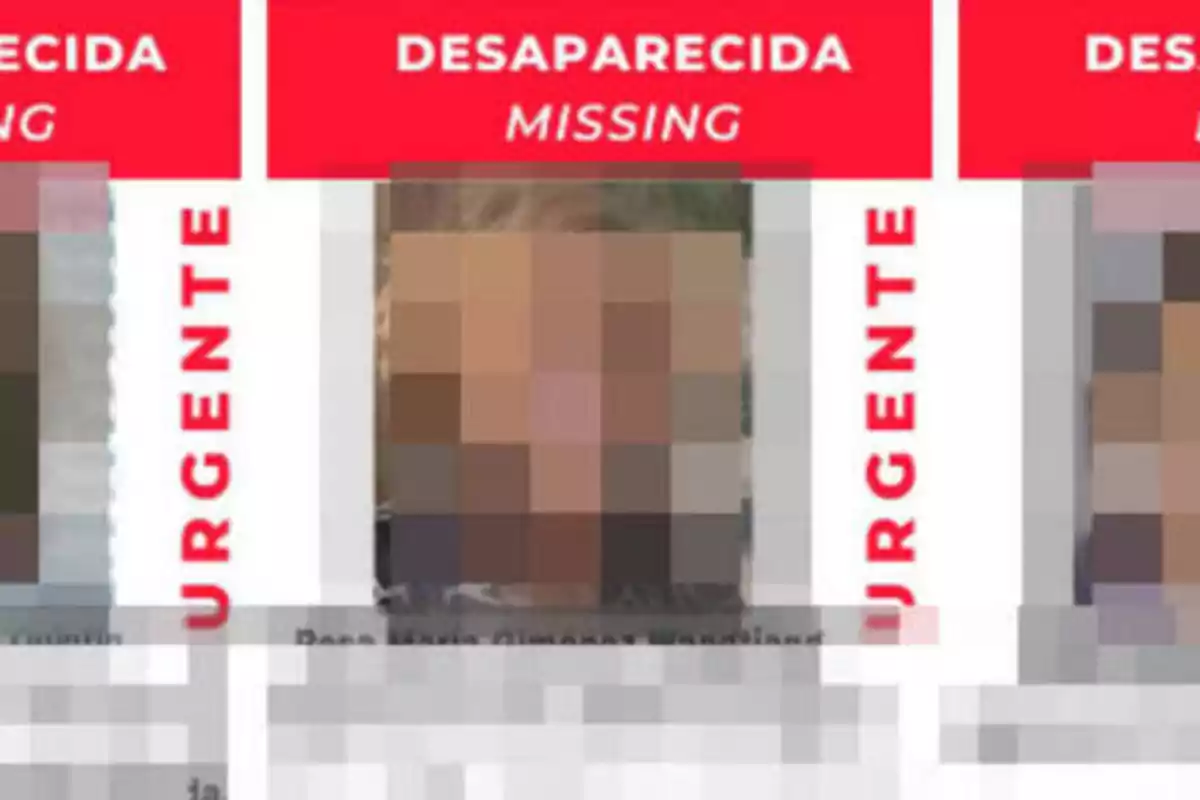 Imagen de un cartel de personas desaparecidas con la palabra "DESAPARECIDA" en la parte superior y "URGENTE" en la parte lateral.