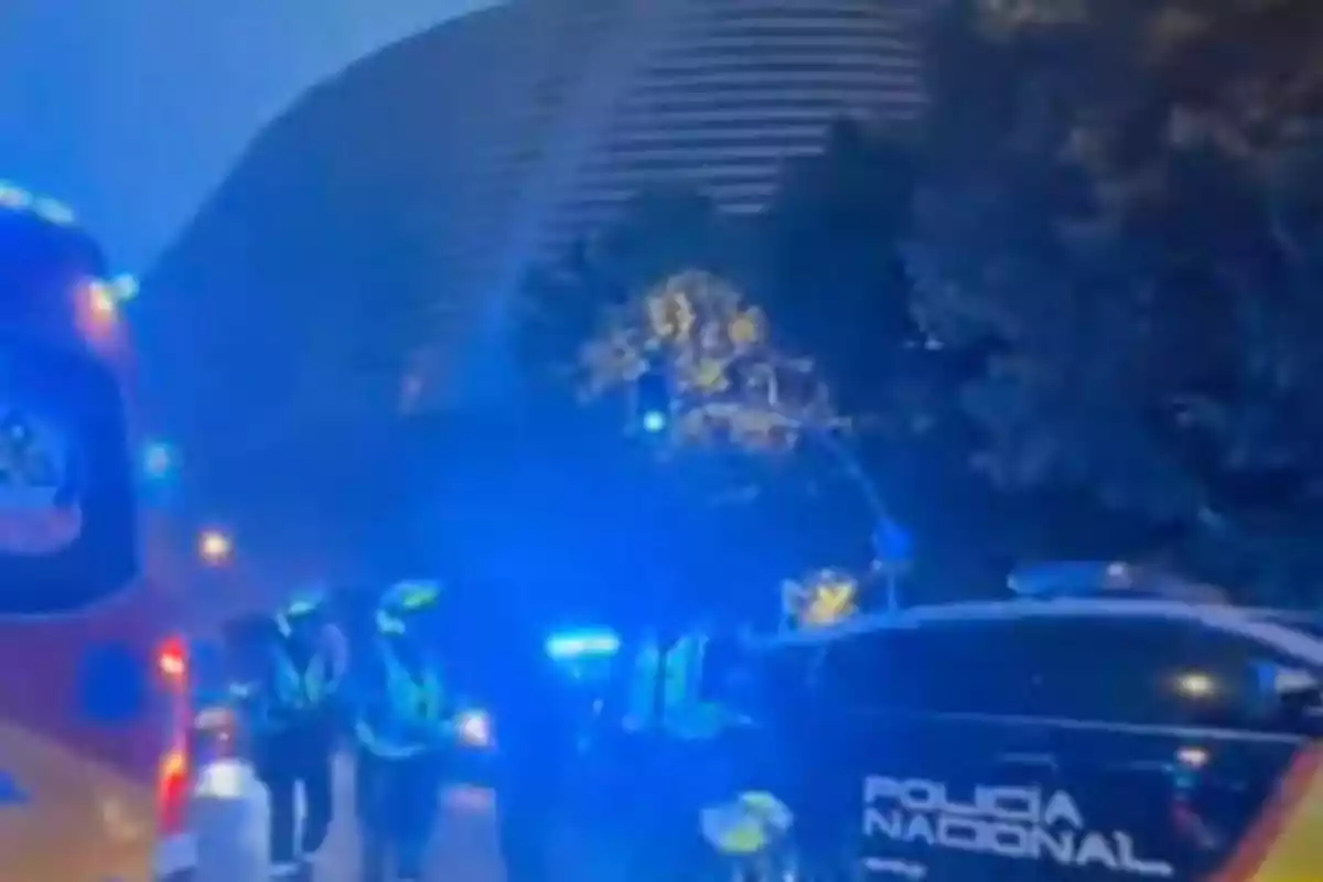 Policías nacionales y vehículos de emergencia con luces encendidas en una calle durante la noche.