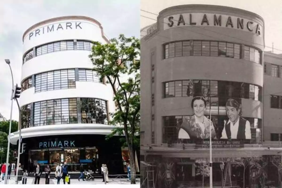 Comparación de un edificio en dos épocas diferentes, a la izquierda como tienda Primark moderna y a la derecha como cine Salamanca antiguo.