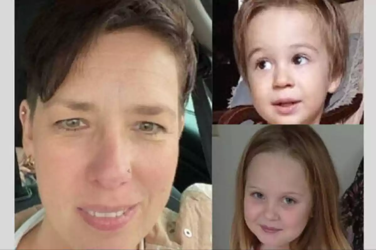 Una mujer con cabello corto y dos niños, uno pequeño y otro un poco mayor, en un collage de fotos.