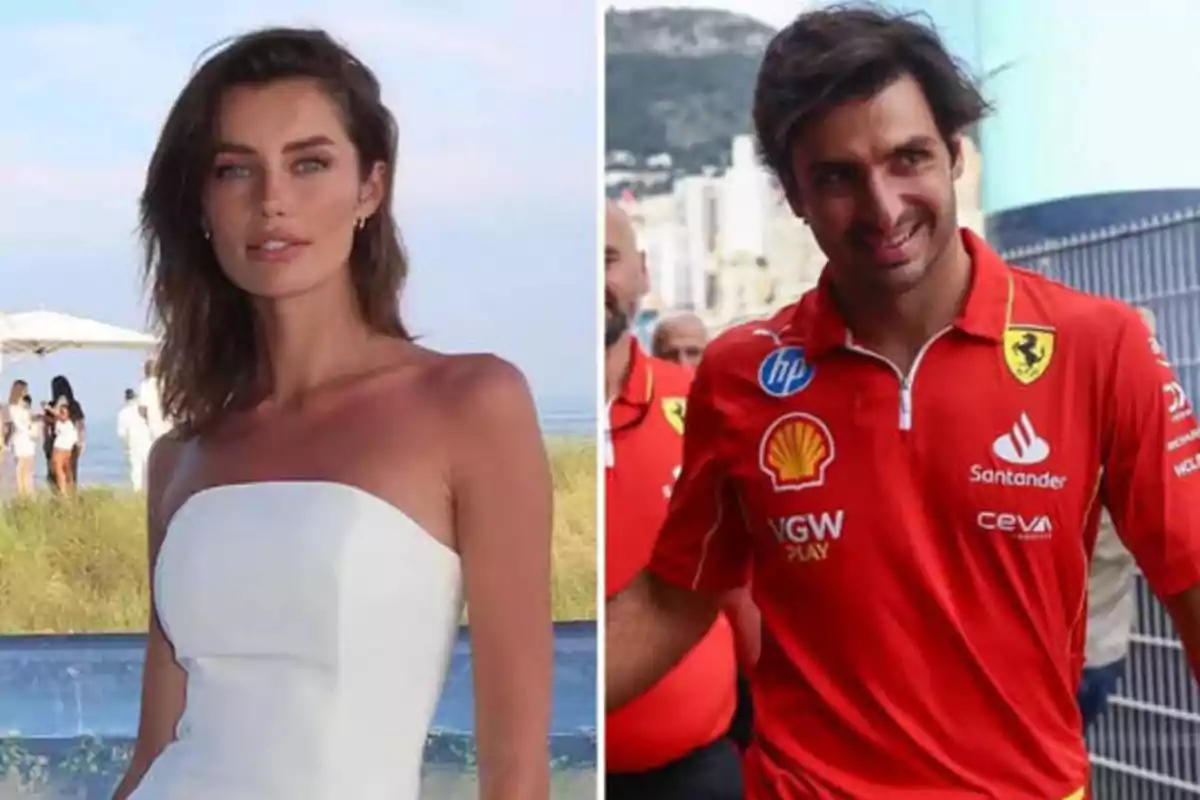 Una mujer con un vestido blanco posando al aire libre junto a un hombre con una camiseta roja de Ferrari.
