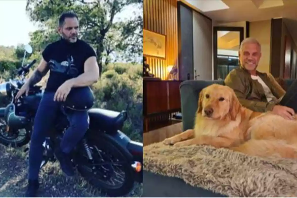 Un hombre sentado en una motocicleta en un entorno natural y otro hombre sentado en un sofá junto a un perro en una sala de estar.