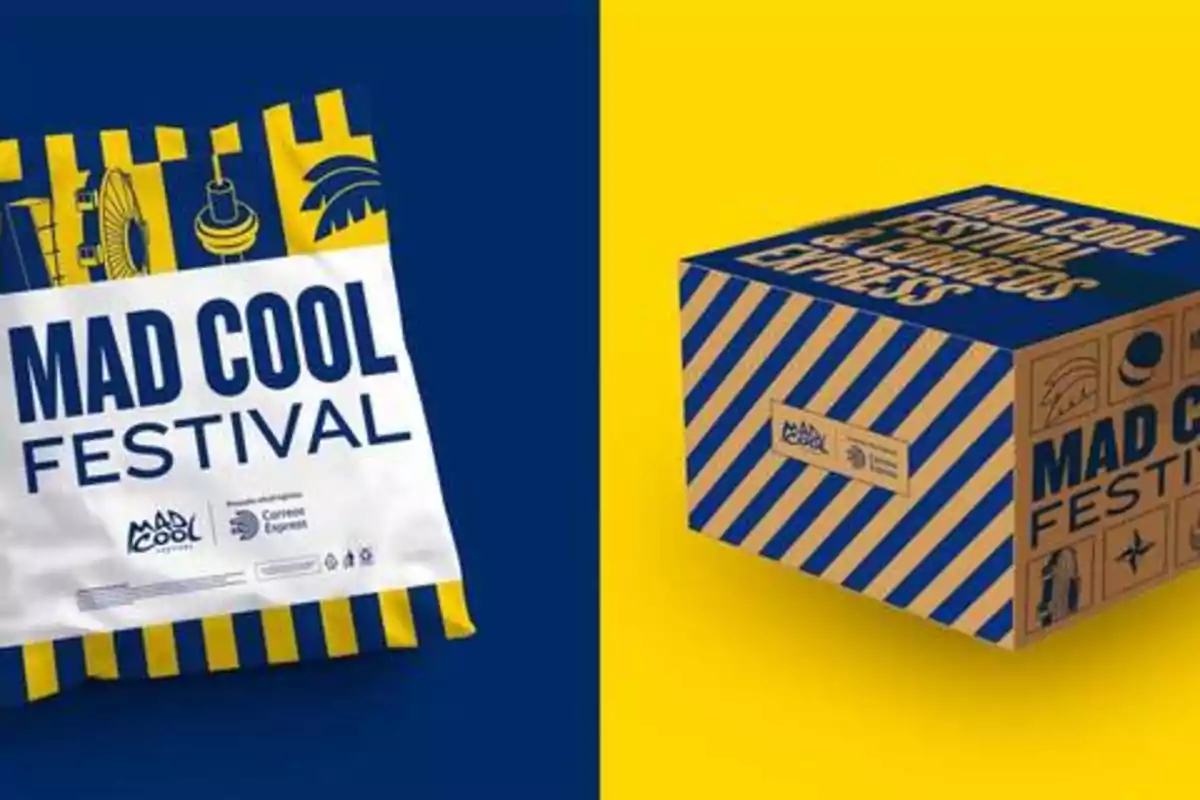 Imagen de un paquete y una caja promocionales del Mad Cool Festival, con un diseño en colores azul y amarillo y el logotipo del festival junto con el de Correos Express.