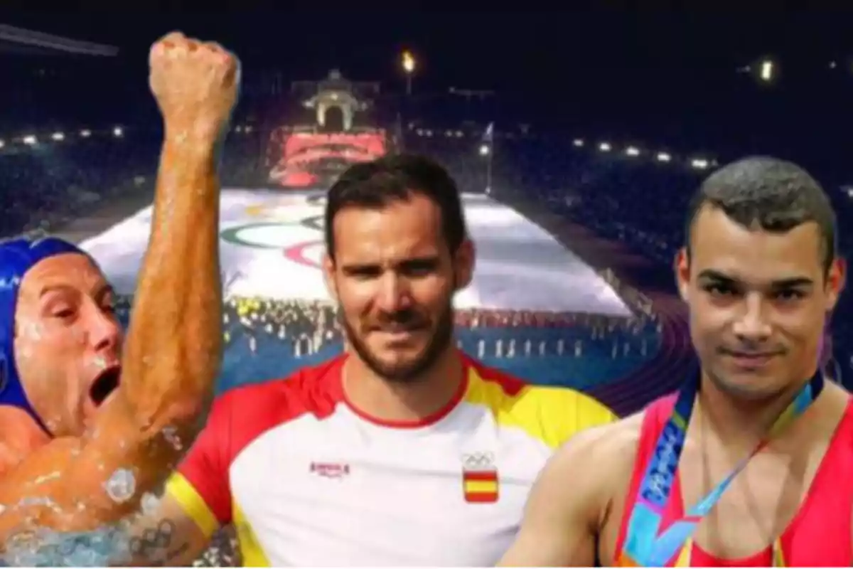 Tres atletas españoles celebrando en un estadio olímpico.