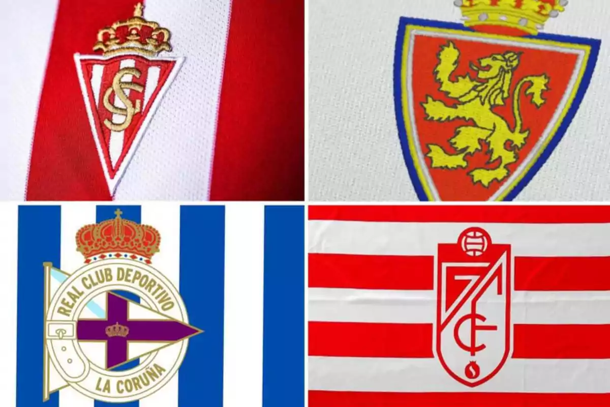 Escudos de cuatro equipos de fútbol españoles: Sporting de Gijón, Real Zaragoza, Deportivo de La Coruña y Granada CF.