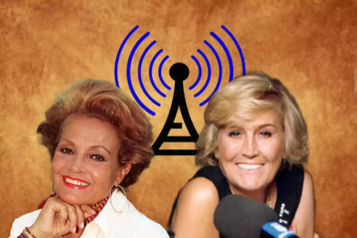 Carmen Sevilla y Encarna Sánchez con un signo de onda de radio en el fondo.