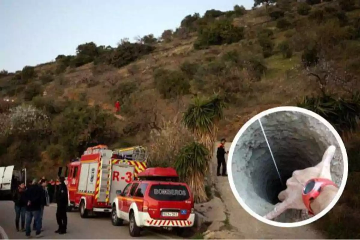 Equipos de rescate y vehículos de emergencia en una colina, con un pozo profundo en primer plano.