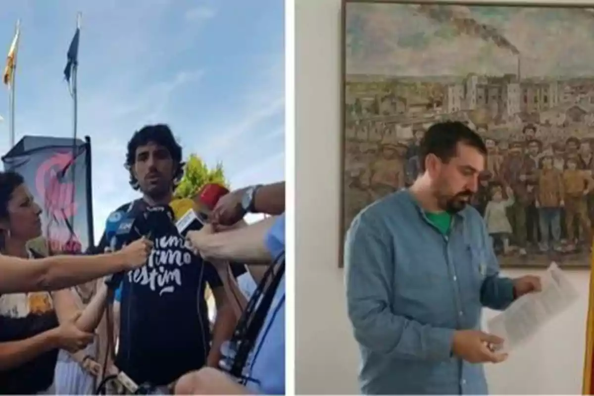 Dos hombres en diferentes situaciones, uno dando una entrevista a la prensa y el otro leyendo un documento frente a una pintura.