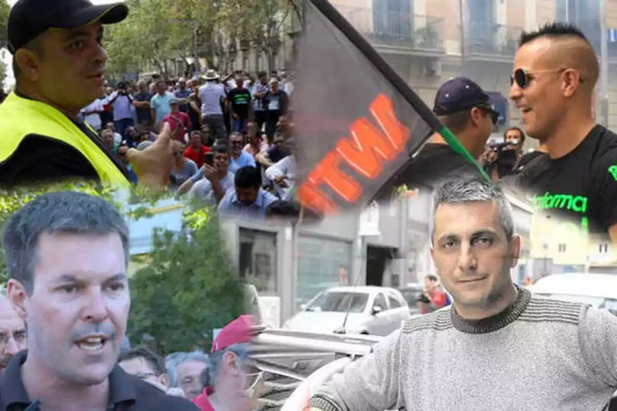 Un collage de cuatro hombres en diferentes situaciones, con un fondo de personas en una manifestación.