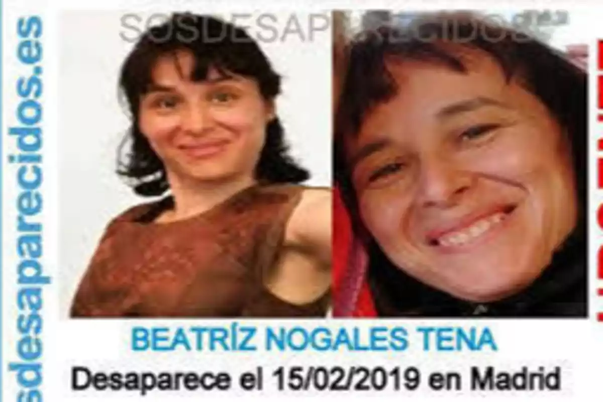 Imagen de un cartel de búsqueda de una persona desaparecida llamada Beatriz Nogales Tena, quien desapareció el 15/02/2019 en Madrid, con dos fotos de la persona y el sitio web sosdesaparecidos.es.