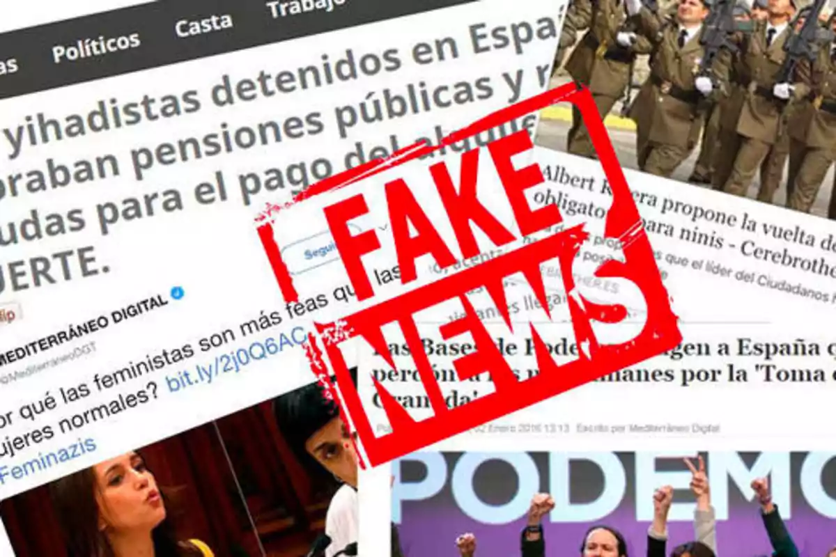 Imagen que muestra varios titulares de noticias con un sello rojo que dice "FAKE NEWS" en el centro.