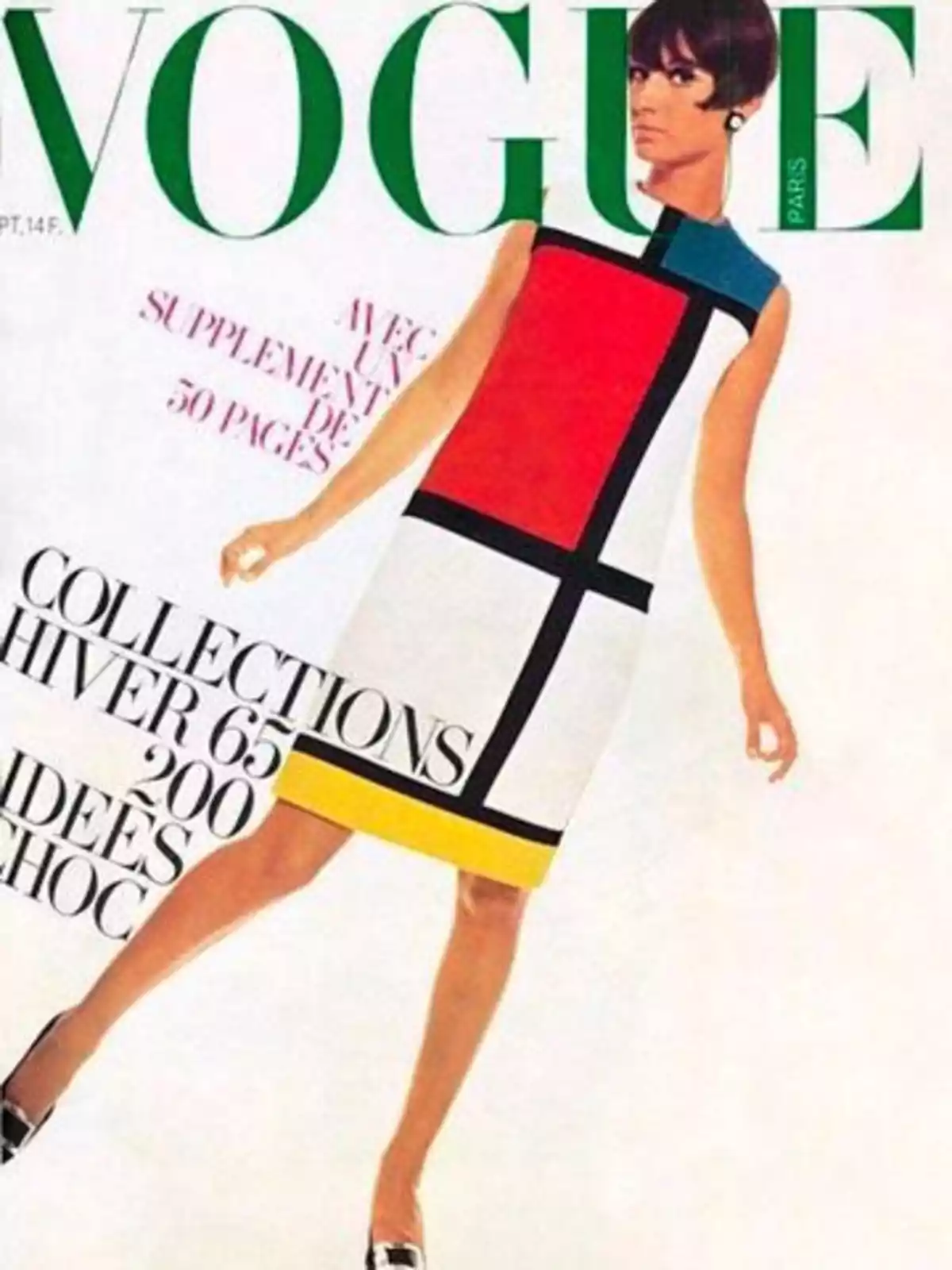 Portada de la revista Vogue con una modelo usando un vestido geométrico inspirado en Mondrian Portada de la revista Vogue con una modelo usando un vestido geométrico inspirado en Mondrian