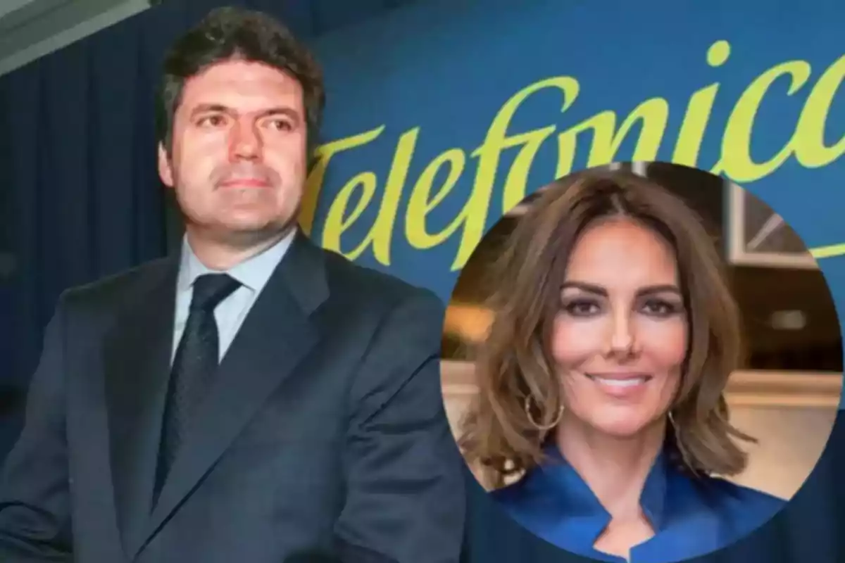 Un hombre con traje frente a un cartel de Telefónica y un recuadro con el rostro de una mujer sonriente. Un hombre con traje frente a un cartel de Telefónica y un recuadro con el rostro de una mujer sonriente.