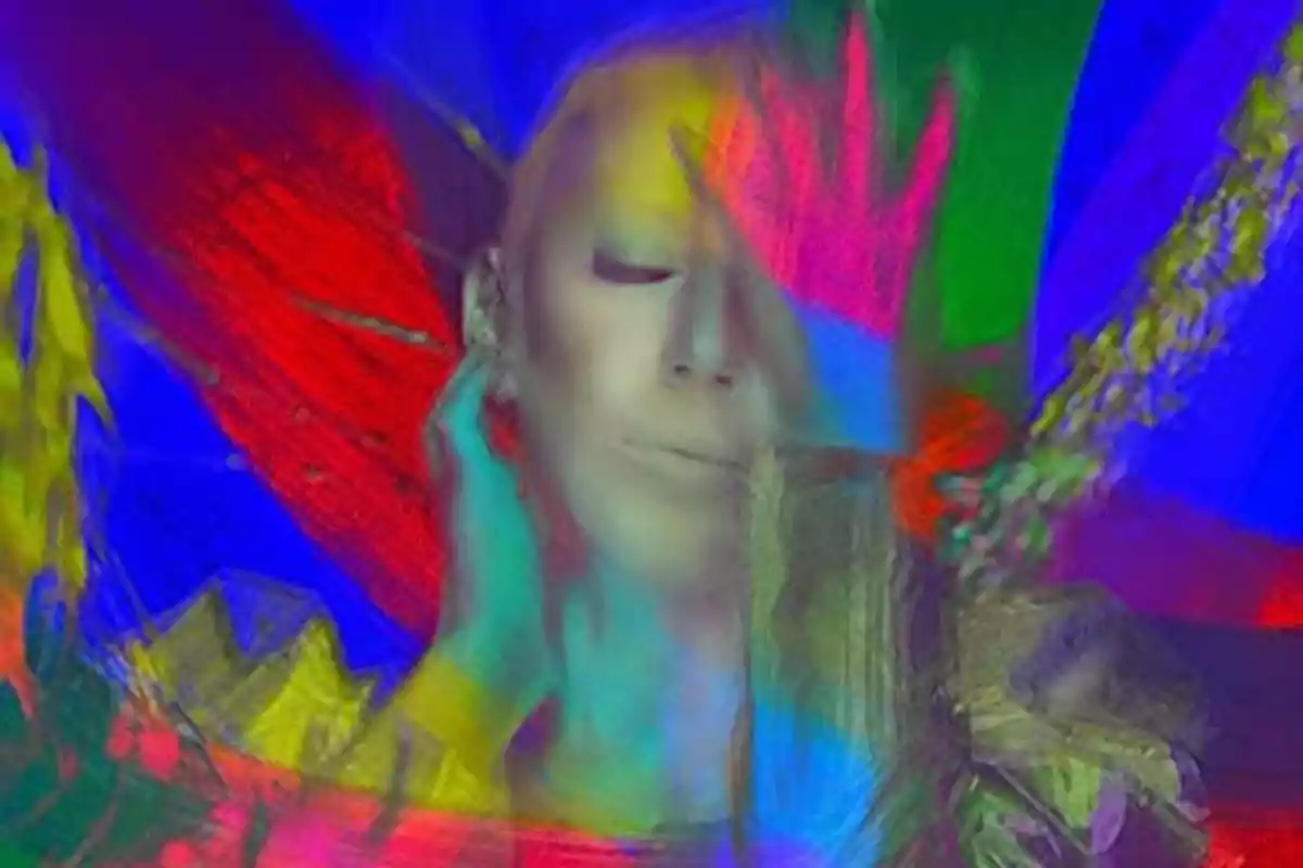 Retrato artístico de una persona con los ojos cerrados rodeada de colores vibrantes y pinceladas abstractas Retrato artístico de una persona con los ojos cerrados rodeada de colores vibrantes y pinceladas abstractas