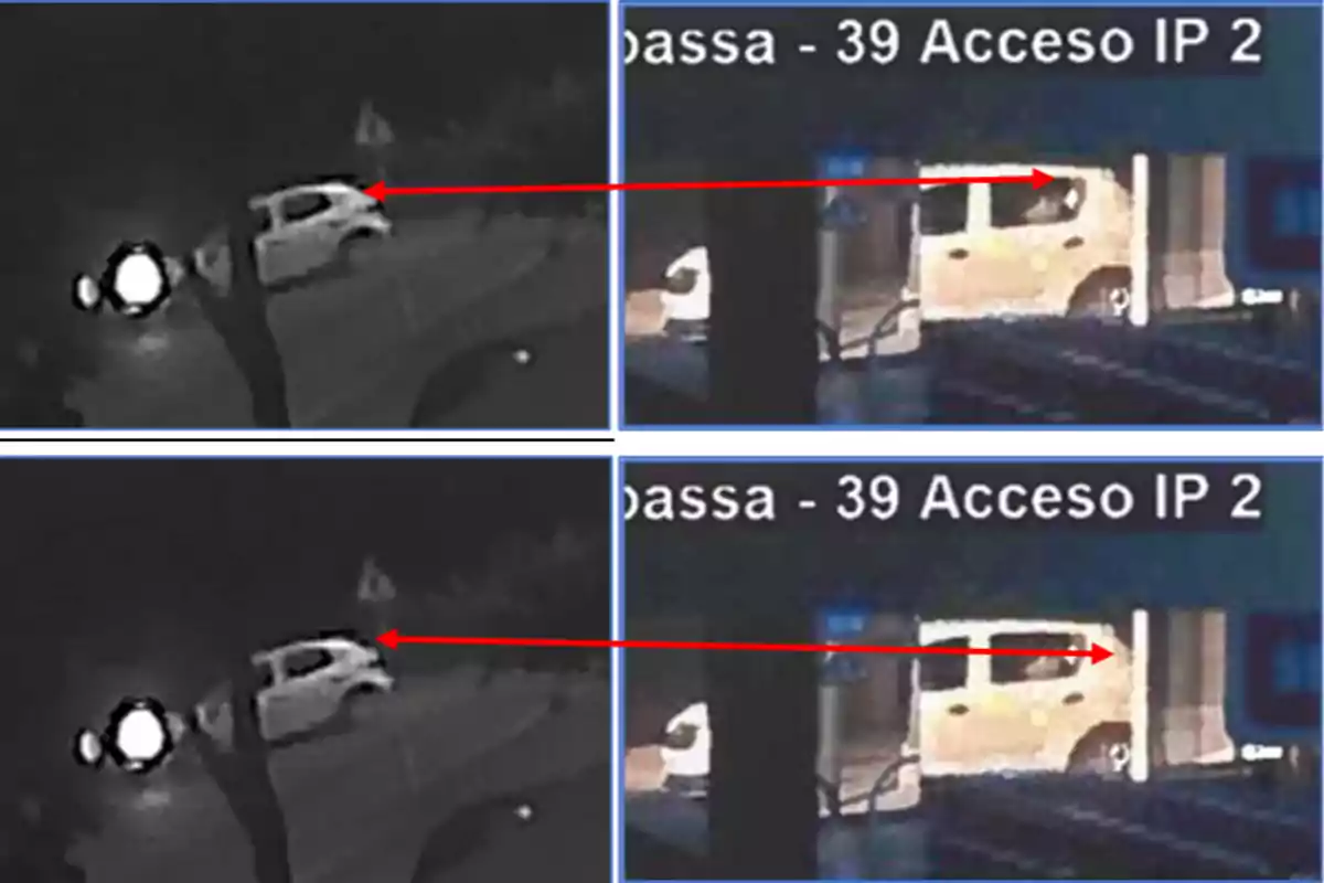 Comparación de imágenes de cámaras de seguridad mostrando un coche blanco señalado por flechas rojas en diferentes ubicaciones y momentos Comparación de imágenes de cámaras de seguridad mostrando un coche blanco señalado por flechas rojas en diferentes ubicaciones y momentos